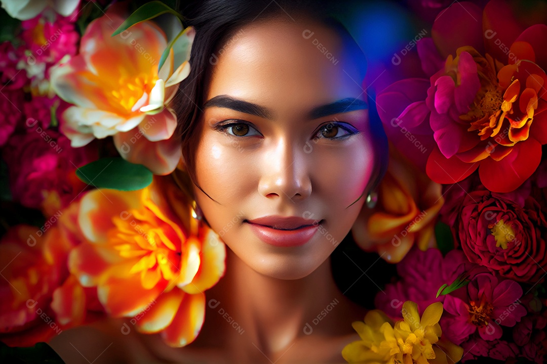 Mulher negra sorridente em meio as flores