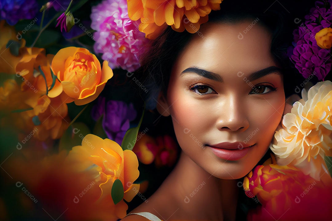 Linda mulher sobre flores coloridas