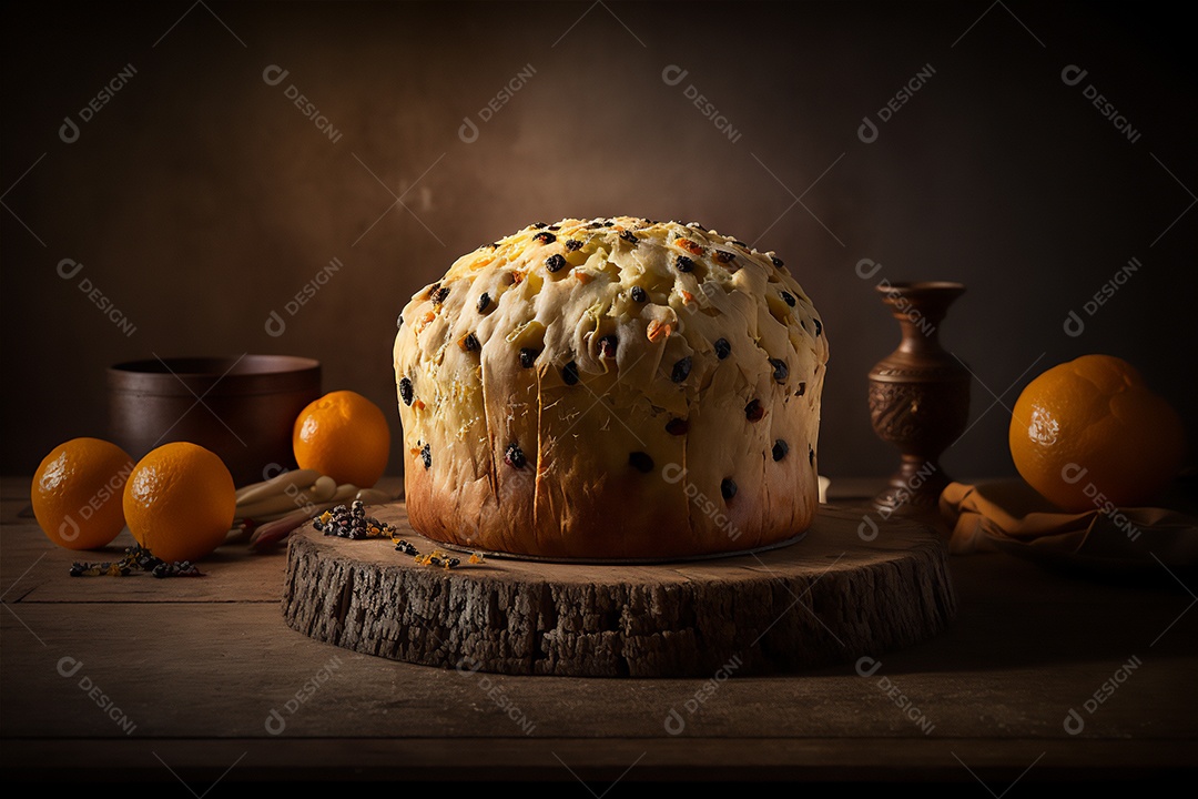 Panettone italiano caseiro na mesa de madeira rústica. Bolo tradicional de Natal com frutas cristalizadas vista frontal