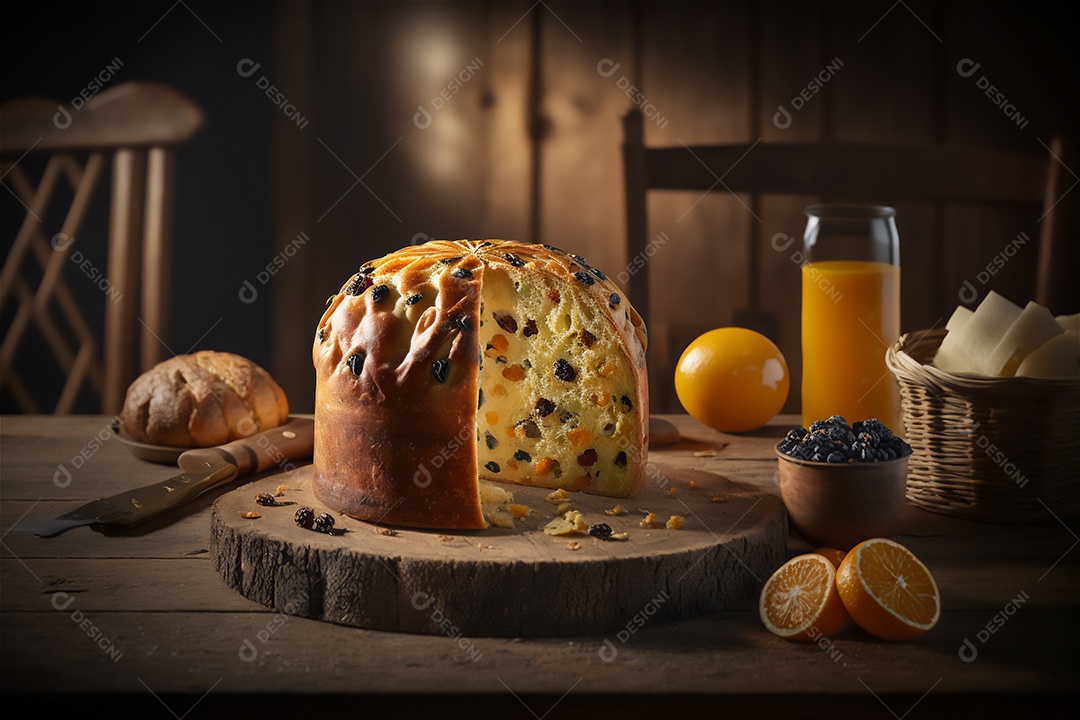 Panettone italiano caseiro na mesa de madeira rústica. Bolo tradicional de Natal com frutas cristalizadas vista frontal