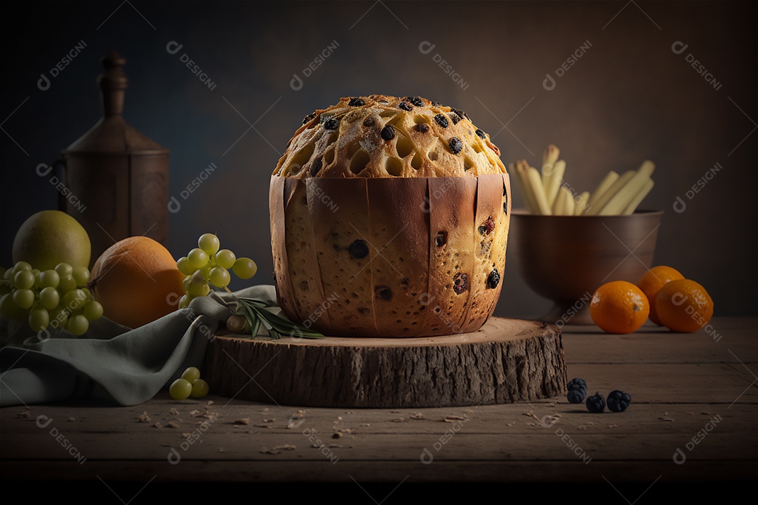 Panettone italiano caseiro na mesa de madeira rústica. Bolo tradicional de Natal com frutas cristalizadas vista frontal