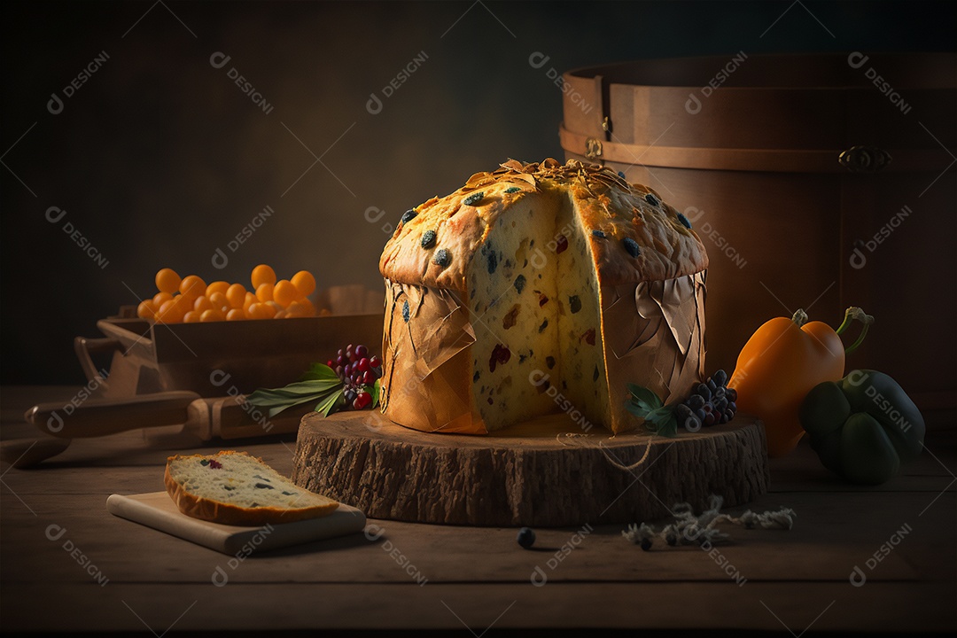 Panettone italiano caseiro na mesa de madeira rústica. Bolo tradicional de Natal com frutas cristalizadas vista frontal