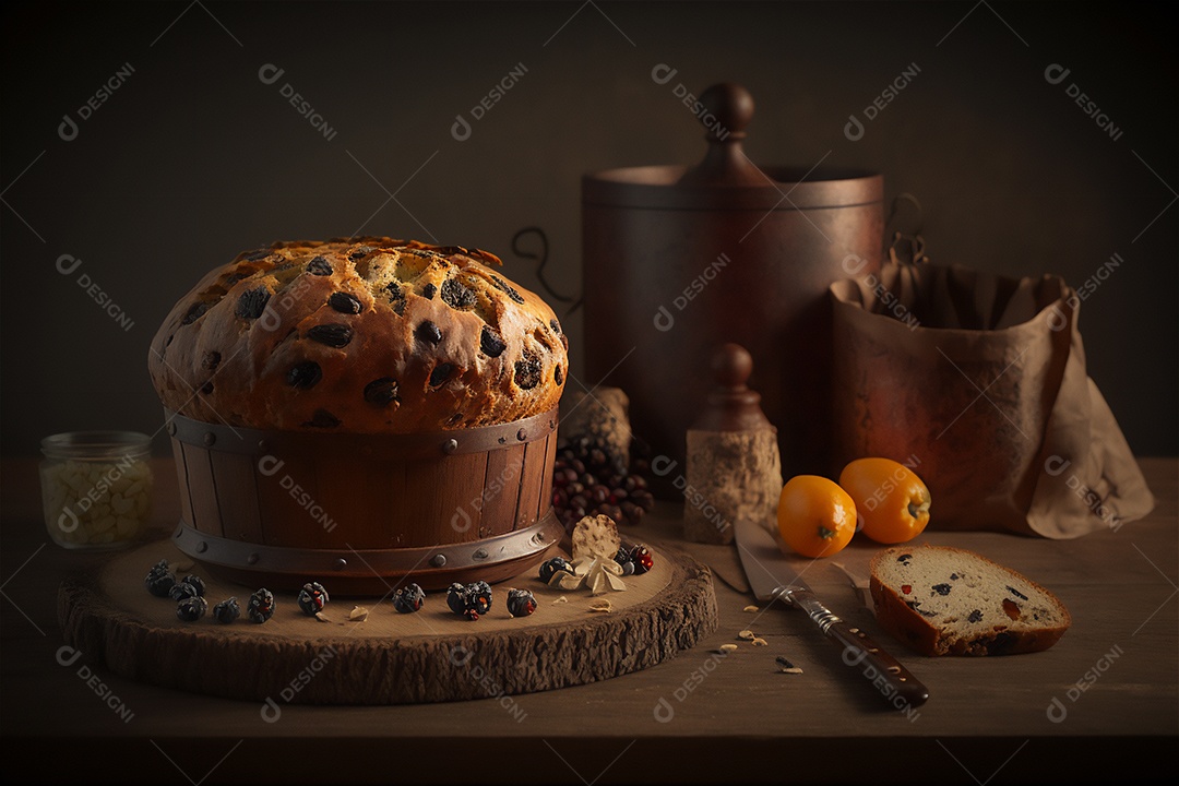 Panettone italiano caseiro na mesa de madeira rústica. Bolo tradicional de Natal com frutas cristalizadas vista frontal