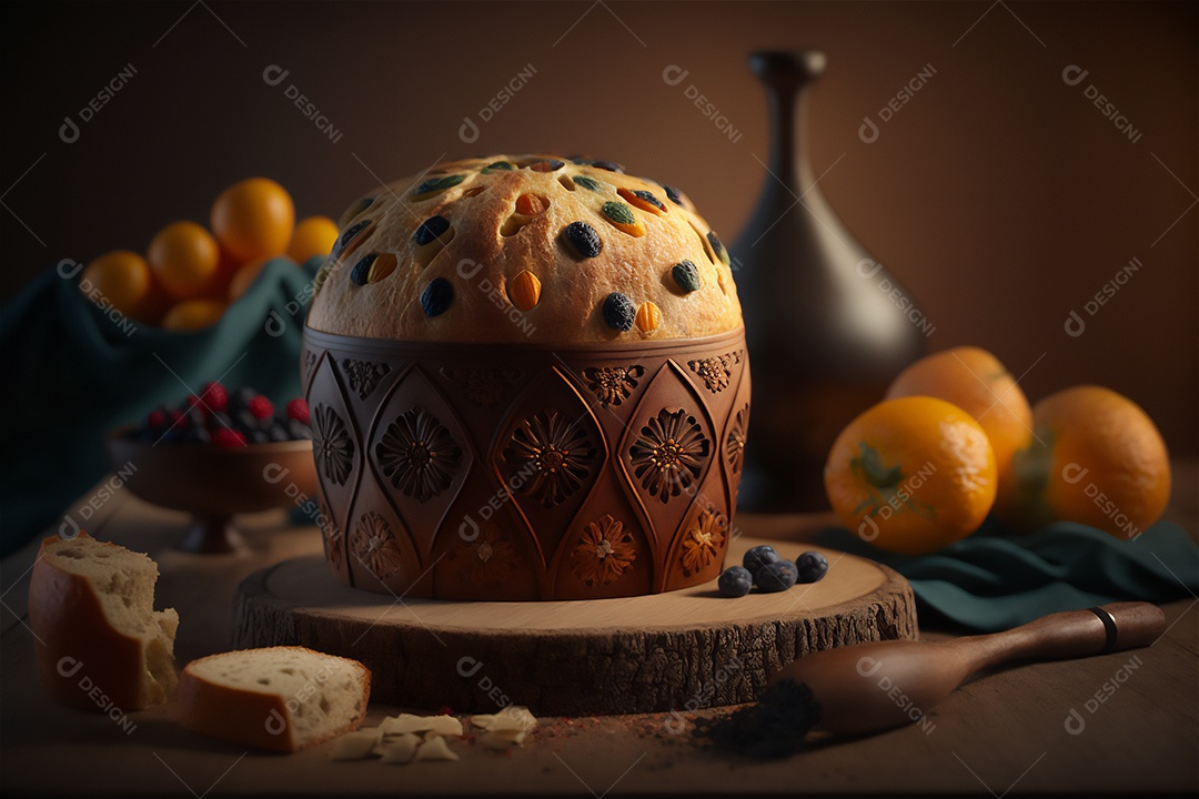 Panettone italiano caseiro na mesa de madeira rústica. Bolo tradicional de Natal com frutas cristalizadas vista frontal