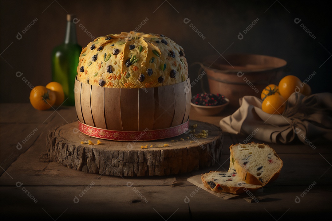 Panettone italiano caseiro na mesa de madeira rústica. Bolo tradicional de Natal com frutas cristalizadas vista frontal