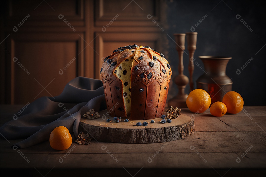 Panettone italiano caseiro na mesa de madeira rústica. Bolo tradicional de Natal com frutas cristalizadas vista frontal