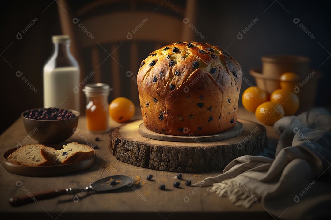 Panettone italiano caseiro na mesa de madeira rústica. Bolo tradicional de Natal com frutas cristalizadas vista frontal
