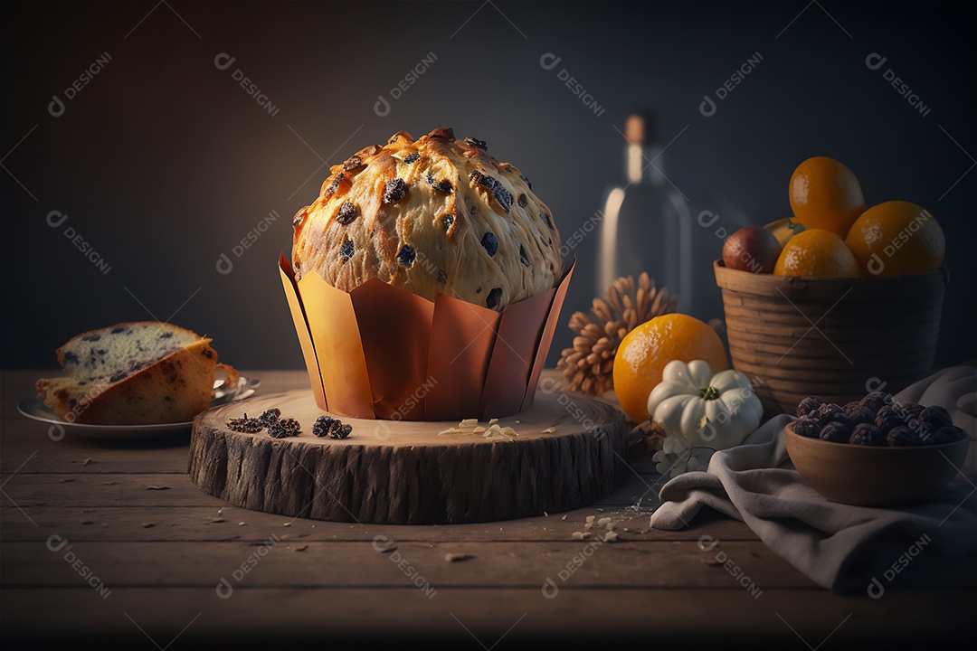 Panettone italiano caseiro na mesa de madeira rústica. Bolo tradicional de Natal com frutas cristalizadas vista frontal