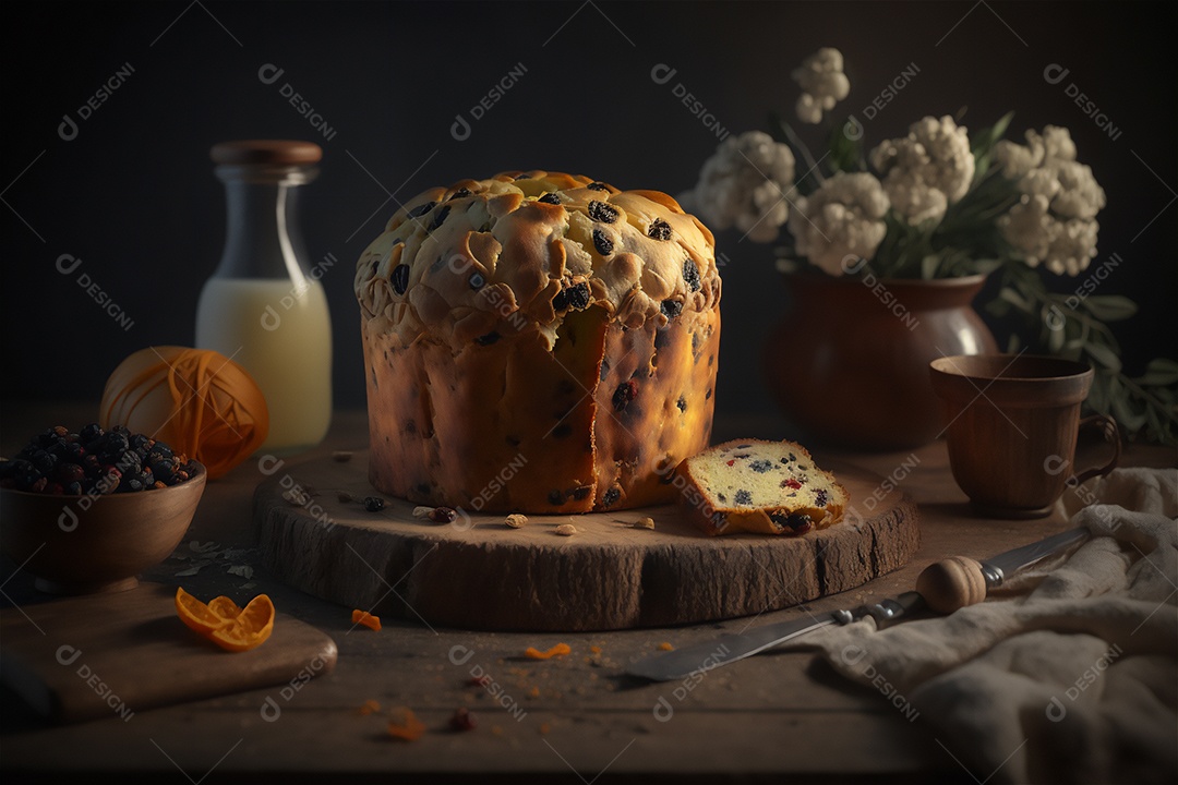 Panettone italiano caseiro na mesa de madeira rústica. Bolo tradicional de Natal com frutas cristalizadas vista frontal