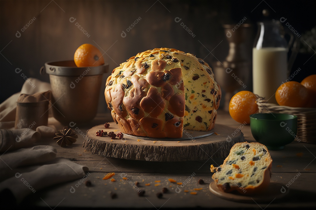 Panettone italiano caseiro na mesa de madeira rústica. Bolo tradicional de Natal com frutas cristalizadas vista frontal