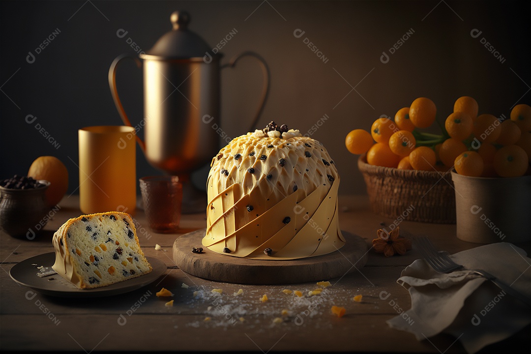 Panettone italiano caseiro na mesa de madeira rústica. Bolo tradicional de Natal com frutas cristalizadas vista frontal