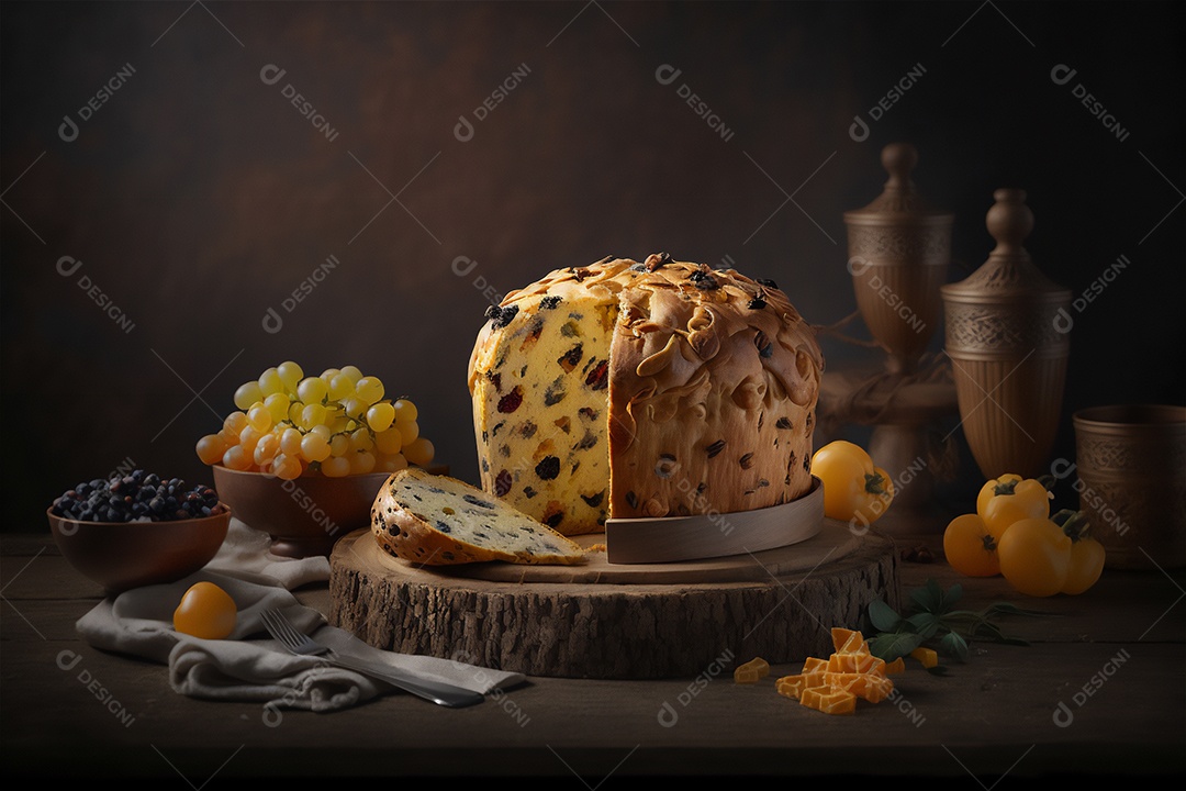 Panettone italiano caseiro na mesa de madeira rústica. Bolo tradicional de Natal com frutas cristalizadas vista frontal