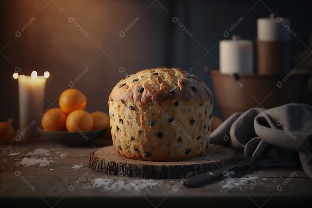 Panettone italiano caseiro na mesa de madeira rústica. Bolo tradicional de Natal com frutas cristalizadas vista frontal
