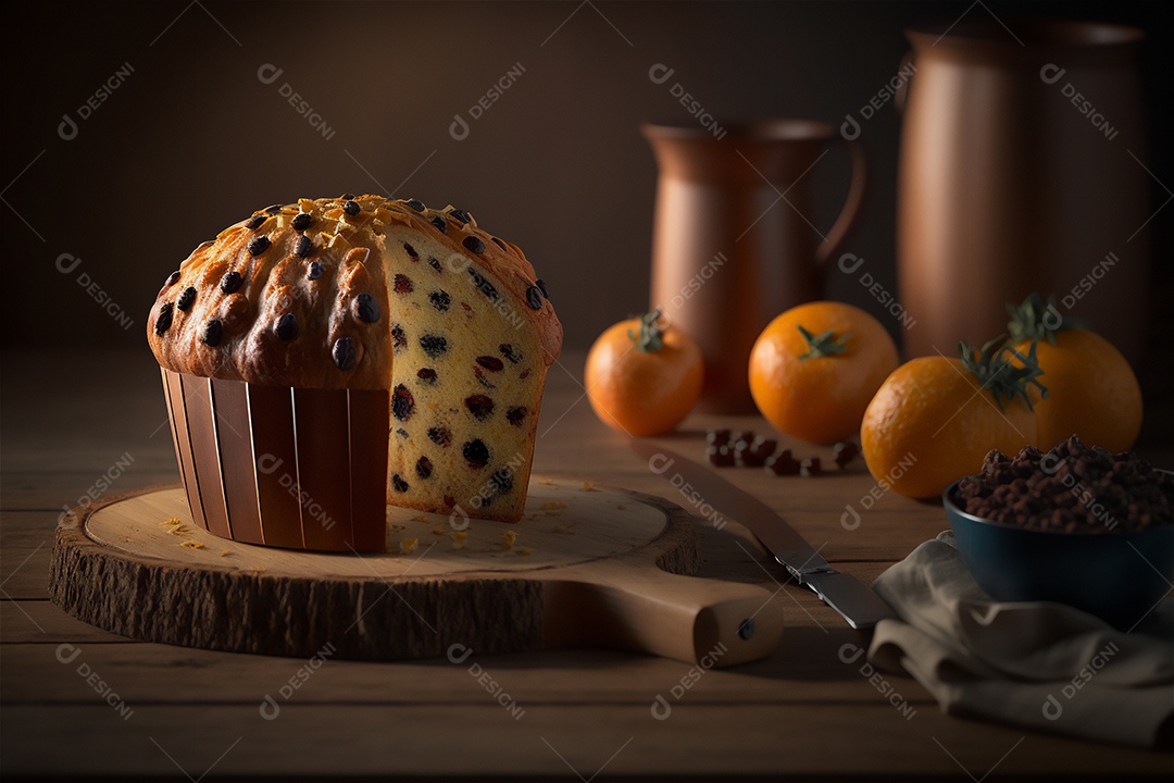 Panettone italiano caseiro na mesa de madeira rústica. Bolo tradicional de Natal com frutas cristalizadas vista frontal