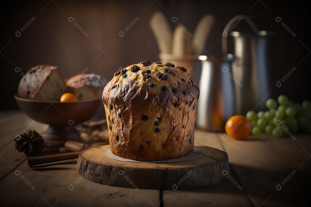 Panettone italiano caseiro na mesa de madeira rústica. Bolo tradicional de Natal com frutas cristalizadas vista frontal