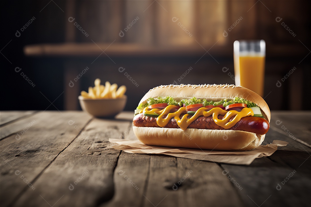 Delicioso cachorro-quente na mesa de madeira rústica Comida rápida, Comida de rua, Comida lixo
