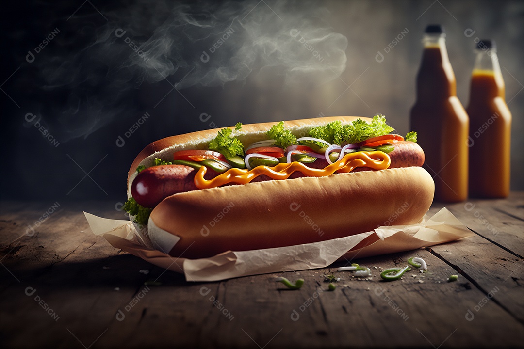 Delicioso cachorro-quente na mesa de madeira rústica Comida rápida, Comida de rua, Comida lixo