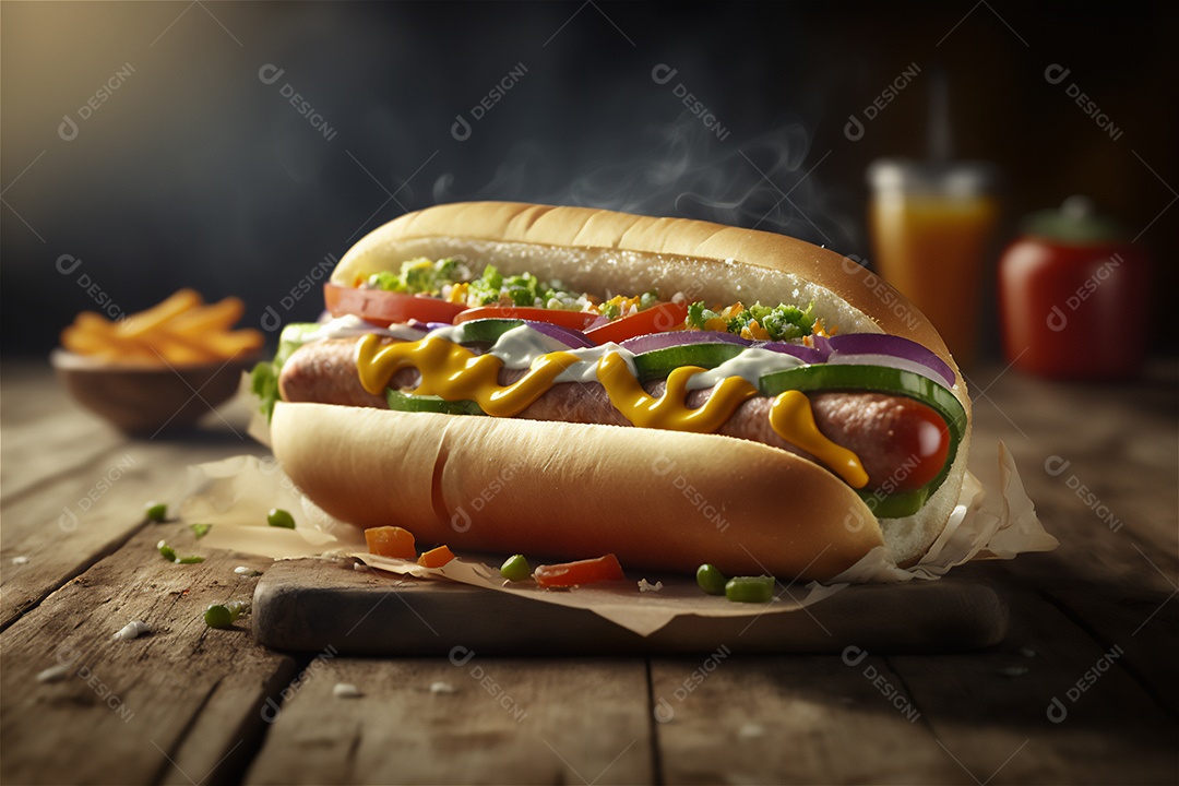 Delicioso cachorro-quente na mesa de madeira rústica Comida rápida, Comida de rua, Comida lixo