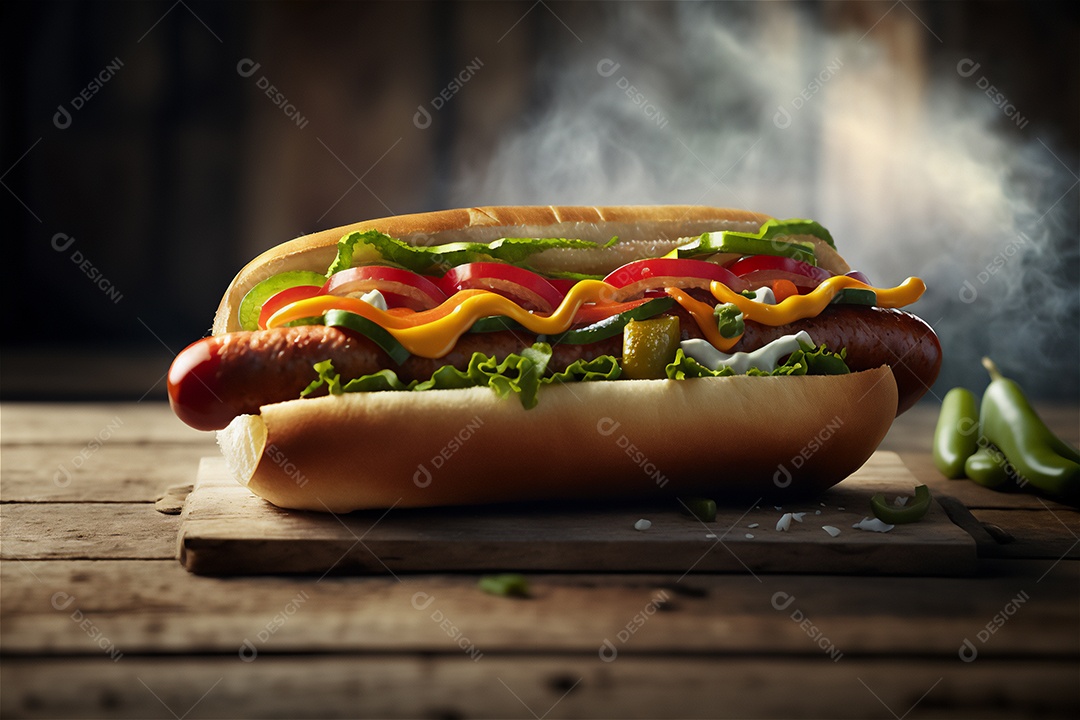 Delicioso cachorro-quente na mesa de madeira rústica Comida rápida, Comida de rua, Comida lixo