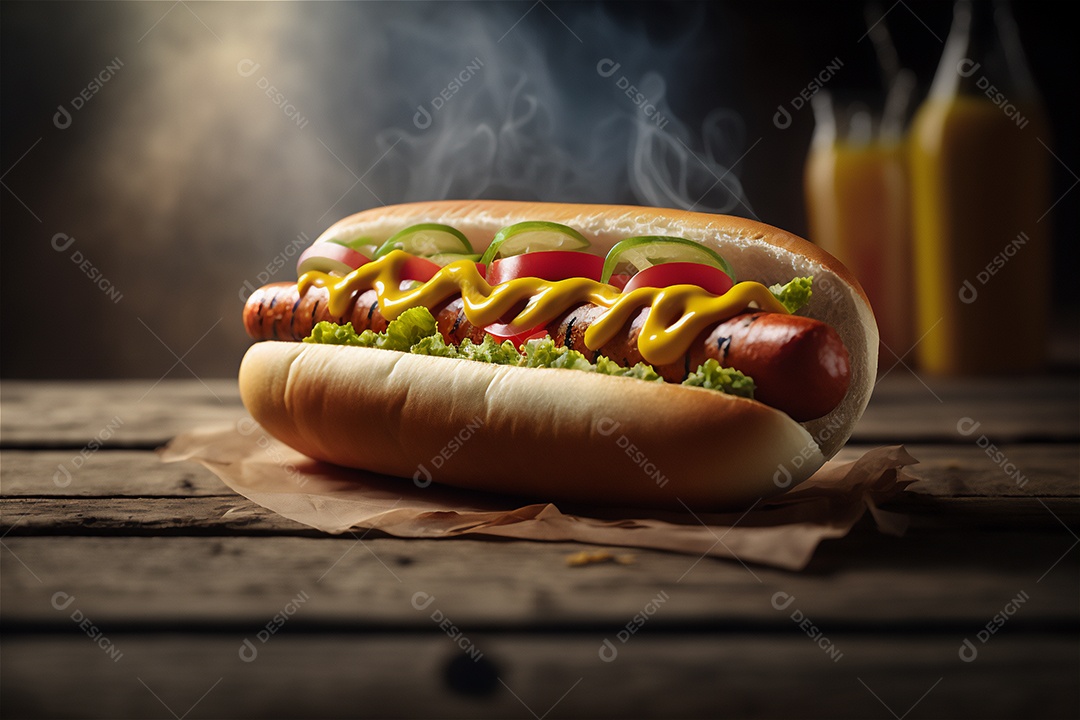 Delicioso cachorro-quente na mesa de madeira rústica Comida rápida, Comida de rua, Comida lixo