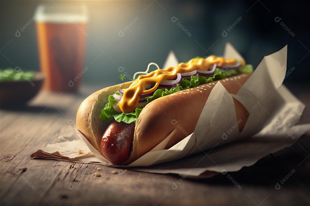 Delicioso cachorro-quente na mesa de madeira rústica Comida rápida, Comida de rua, Comida lixo