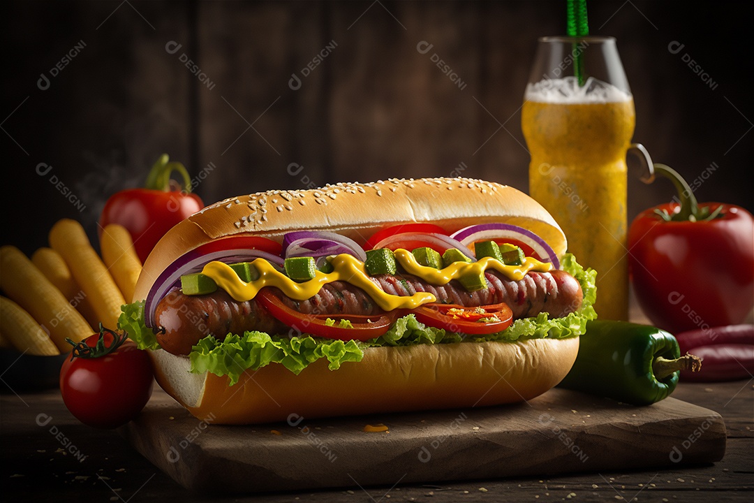 Delicioso cachorro-quente na mesa de madeira rústica Comida rápida, Comida de rua, Comida lixo