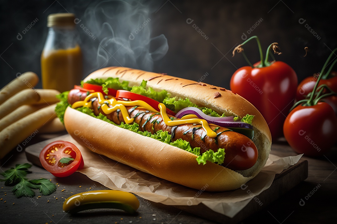 Delicioso cachorro-quente na mesa de madeira rústica Comida rápida, Comida de rua, Comida lixo