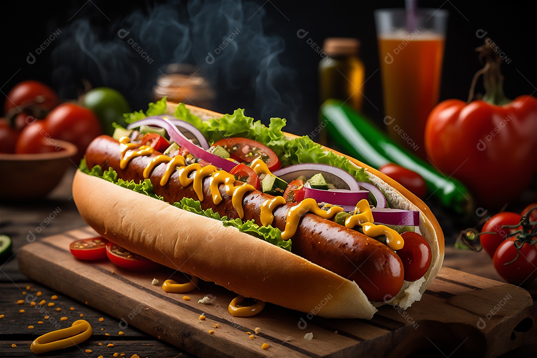 Delicioso cachorro-quente na mesa de madeira rústica Comida rápida, Comida de rua, Comida lixo