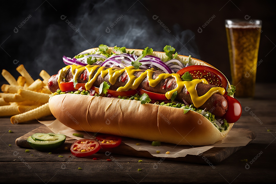 Delicioso cachorro-quente na mesa de madeira rústica Comida rápida, Comida de rua, Comida lixo