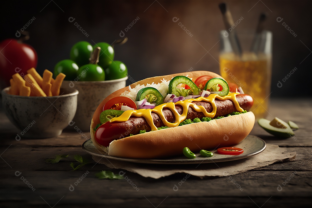 Delicioso cachorro-quente na mesa de madeira rústica Comida rápida, Comida de rua, Comida lixo