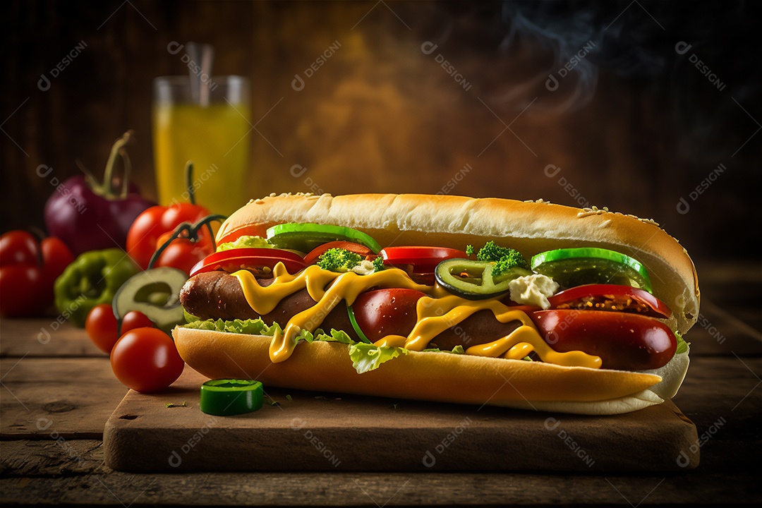 Delicioso cachorro-quente na mesa de madeira rústica Comida rápida, Comida de rua, Comida lixo