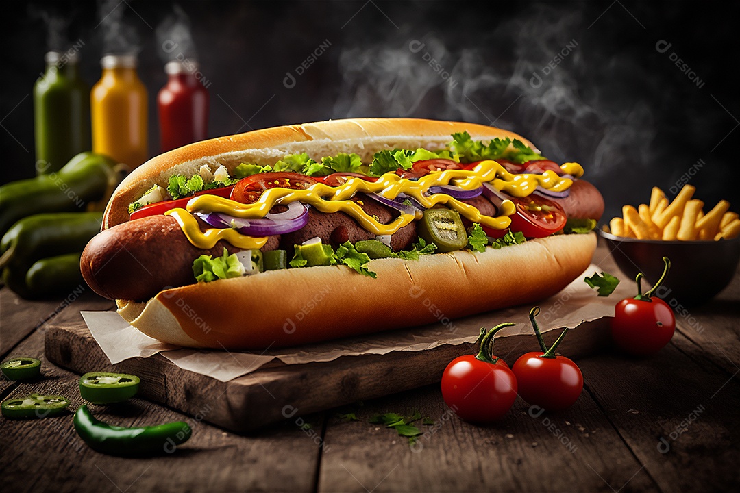 Delicioso cachorro-quente na mesa de madeira rústica Comida rápida, Comida de rua, Comida lixo