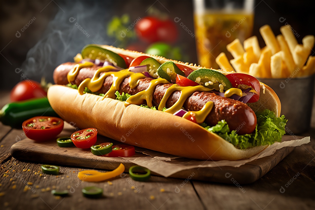 Delicioso cachorro-quente na mesa de madeira rústica Comida rápida, Comida de rua, Comida lixo