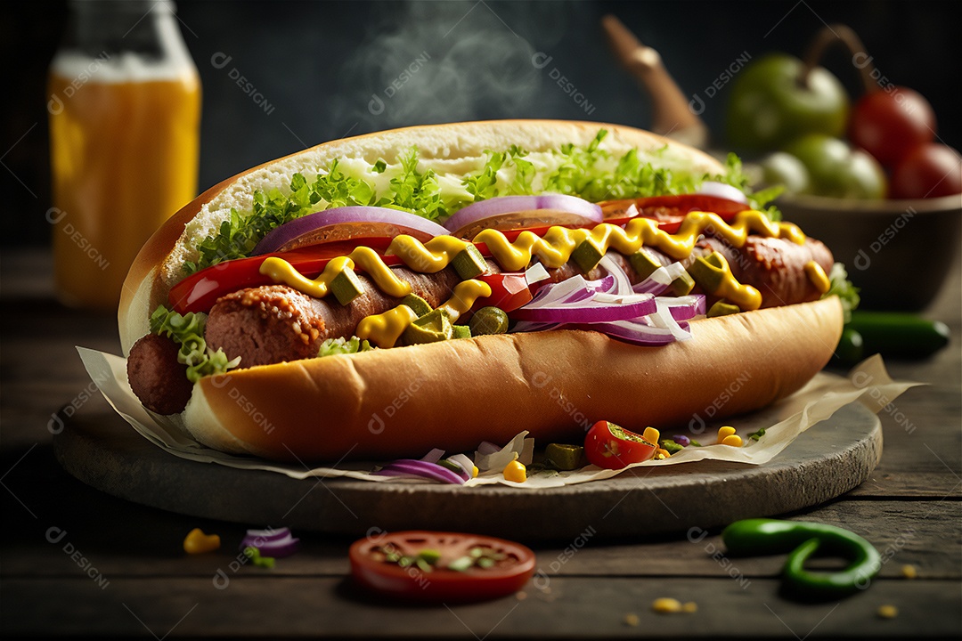 Delicioso cachorro-quente na mesa de madeira rústica Comida rápida, Comida de rua, Comida lixo