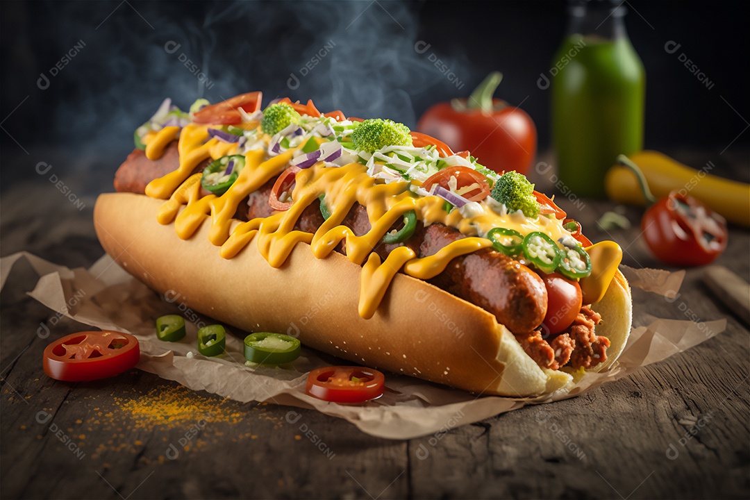 Delicioso cachorro-quente na mesa de madeira rústica Comida rápida, Comida de rua, Comida lixo