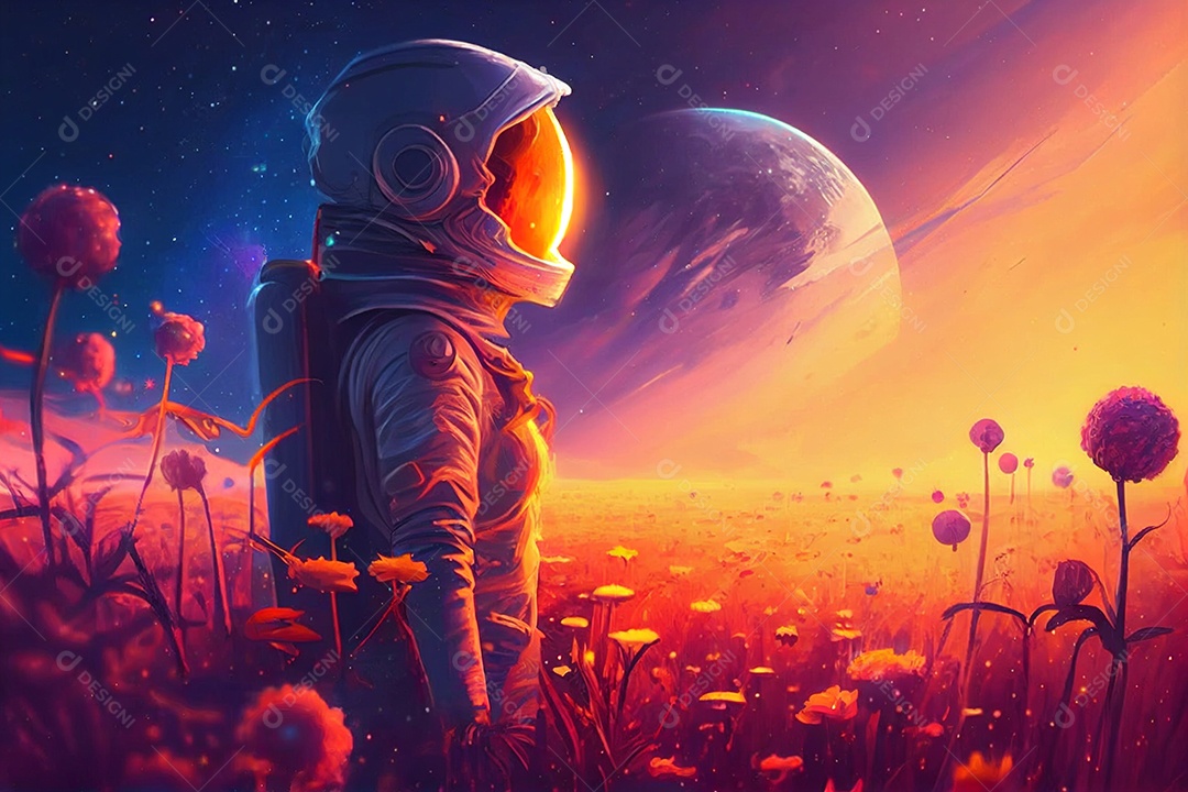 Mulher astronauta em campo florido