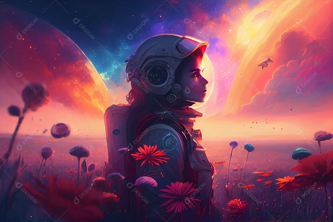 Mulher astronauta em campo florido