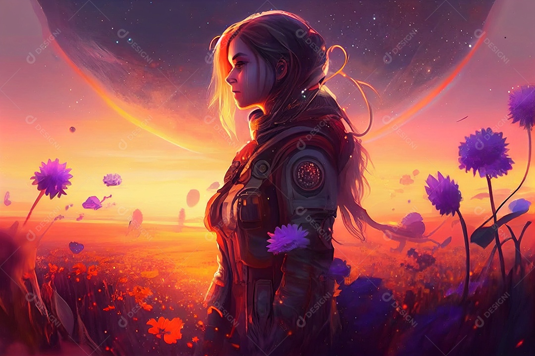 Mulher astronauta em campo florido