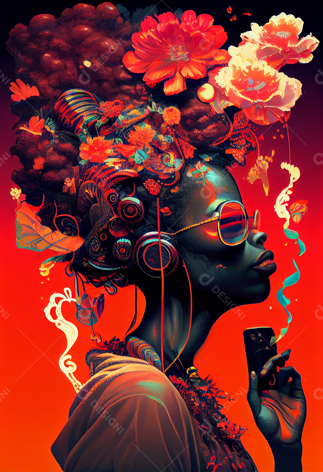 Linda mulher negra com fones de ouvido