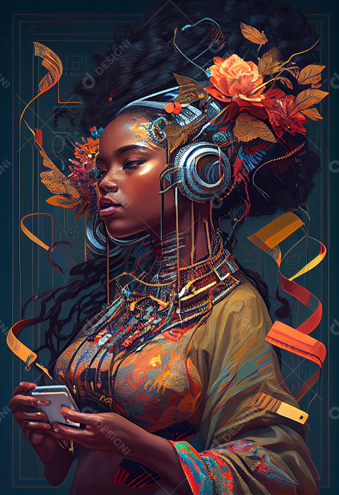 Linda mulher negra com fones de ouvido