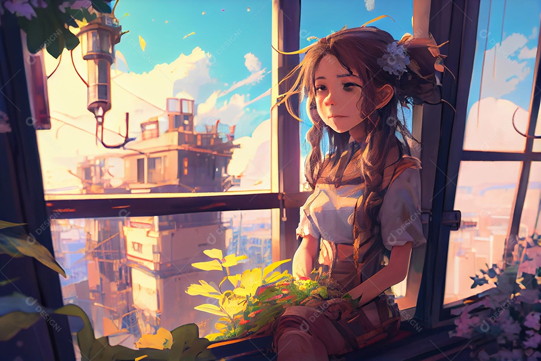 Linda garota olhando pela janela