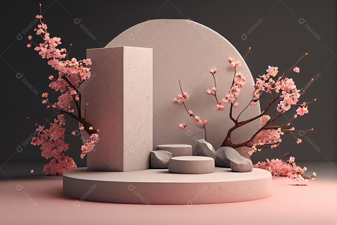 Cenário de pódio com flores rosas