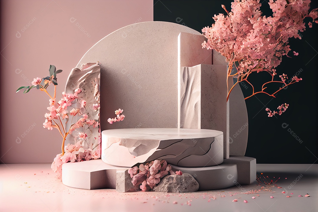 Cenário de pódio de mármore flores rosas