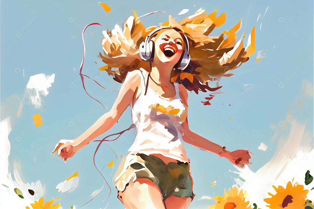 Linda garota loira sorridente com fones de ouvido