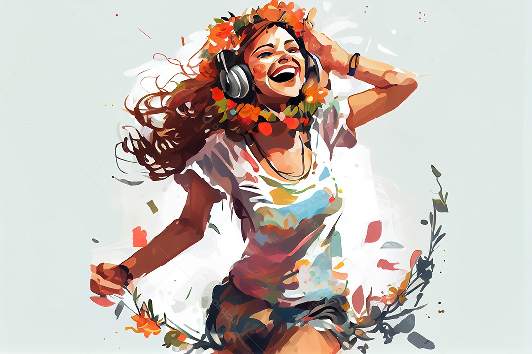 Linda garota loira sorridente com fones de ouvido