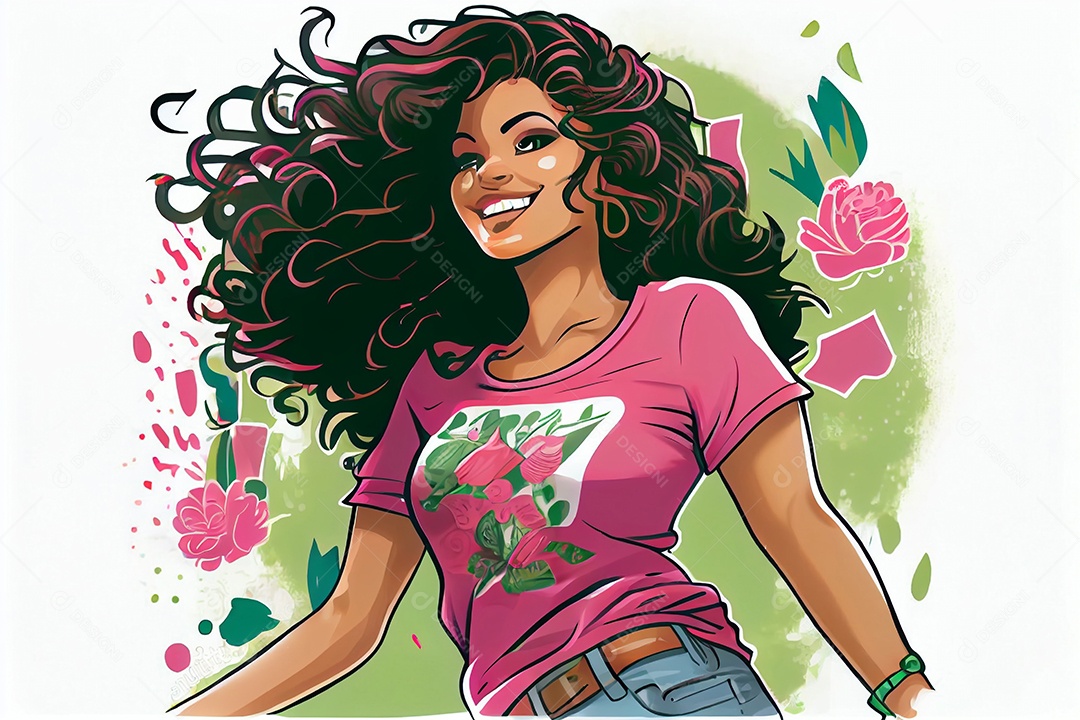 Linda garota morena sorridente em meio a flores