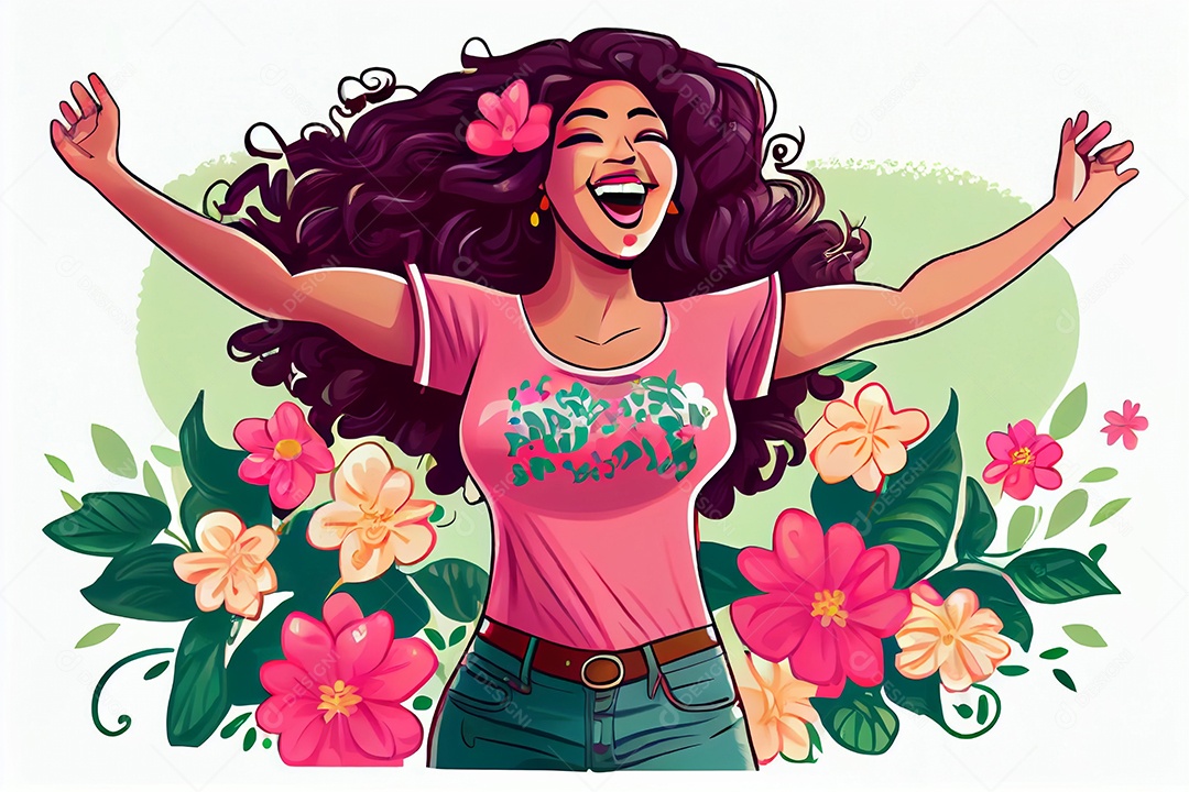 Linda garota morena sorridente em meio a flores