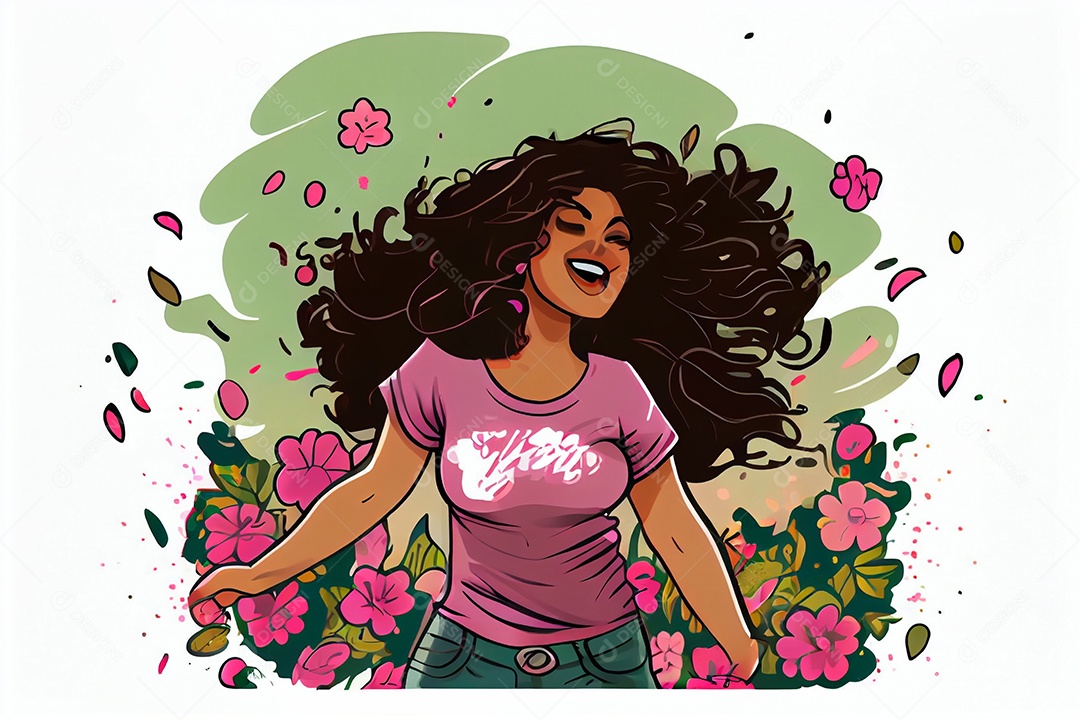 Linda garota morena sorridente em meio a flores