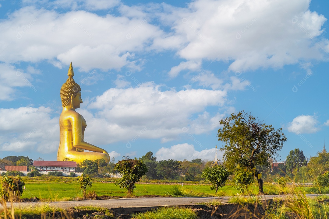 Grande Buda amarelo dourado em Wat Muang destino turístico religioso