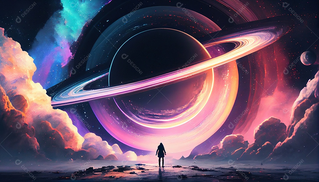 Silhueta de homem em galáxia colorida